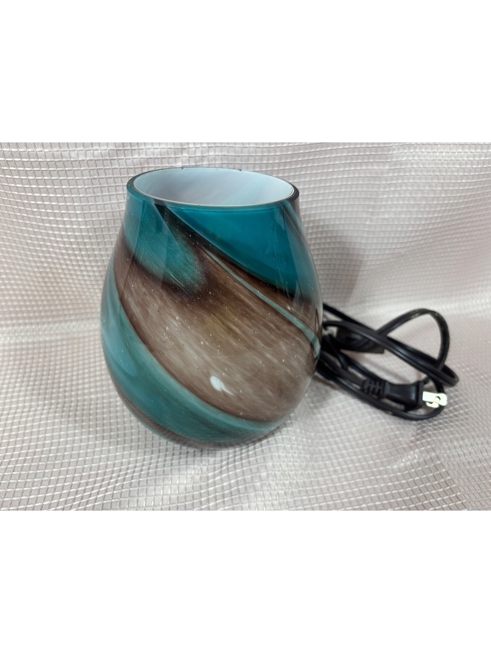 19 - Intertek electric glass accent lamp  teal, turquoise, and brown swirled